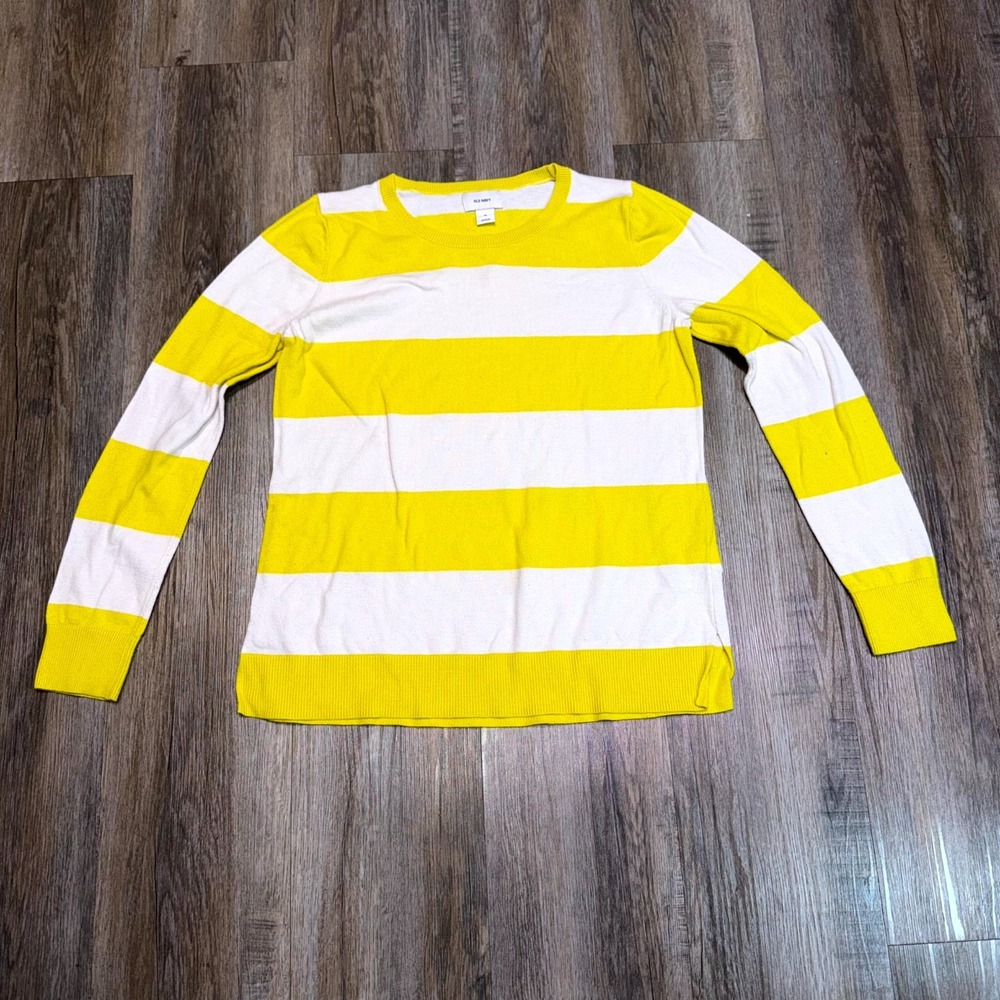 Old Navy Sweater Womens Medium Yellow White Striped Casual Crew Neck Long Sleeve